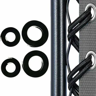 A close-up view of bungee cords and a metal pole, likely part of a chair.