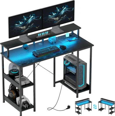 Produktbild von HOMCOM Wendbarer Computertisch, 120 x 50 cm, Bürotisch mit LED-Leuchten, Arbeits-PC-Tisch mit Doppel-Monitorständer und verstellbaren Regalen, Schwarz