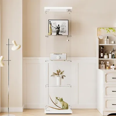 Produktbild von Glasvitrine Standvitrine in Weiß, 164x42,5x36,5CM Glas Vitrine | Modern Vitrinenschrank mit 4 Böden aus ESG für Küche, Flur Wohnzimmer Büro zur Aufbewahrung von Sammlerstücken Büchern Weinen