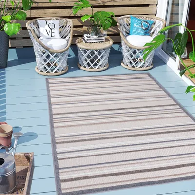 Obrázok produktu pre Carpeto Rugs pruhovaný vzor vonkajší koberec odolný voči poveternostným vplyvom na balkón, terasu - balkónový koberec nepremokavý - vonkajší koberec odolný voči poveternostným vplyvom - vonkajší koberec terasa veľký - béžová 1 - 120 x 170 cm