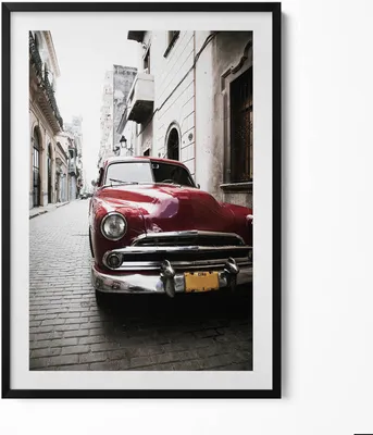 Produktbild von Altes rotes Auto– Wandbild mit Rahmen – Gerahmtes Bild  – Wanddekoration – 70x100 cm –  Schwarz Rahmen