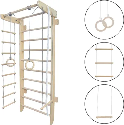 Immagine prodotto di Parete in legno Numi + anelli ginnici + scala a corda | struttura di arrampicata per bambini sala giochi interna