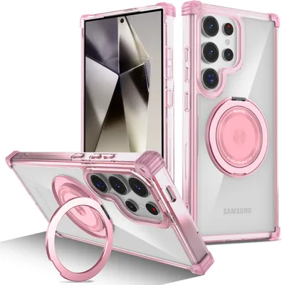 Image de Étui pour Samsung Galaxy S25 Anneau magnétique ultra, support, compatible MagSafe, protection militaire, étui transparent rose