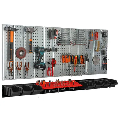 Produktbild von Werkzeugwand 156x72 cm Metall Lagersystem mit Werkzeughaltern Werkzeughaken und 7 Stapelboxen 120 x 195 x 90 mm Farbe: schwarz Lochbrett Werkstatt Garage Steckbrett Elektrowerkzeuge Lochwand