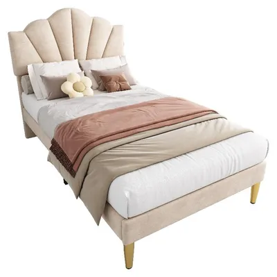 Productafbeelding van Boxspringbed 90x200 cm, beige fluweel, met verstelbaar hoofdeinde en houten lattenbodem, geschikt voor de slaapkamer