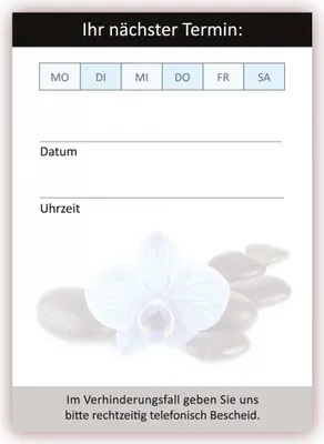 Produktbild von Premium Wellness Terminblock Set Blume blaue Orchidee auf Steinen (12 Stück) - Hochwertige Feng Shui Terminblöcke für Ihre Kundentermine mit je 50 Terminblättern pro Block, besonders gut geeignet für Bereiche wie Wellness Reise Urlaub Touristik Hotel Gastronomie Massage Physiotherapie