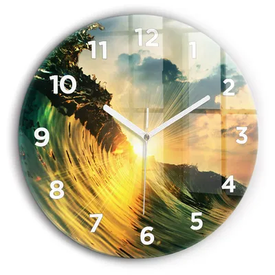 Produktbild von Wallfluent Große Wanduhr – Stilles Quarzuhrwerk - Uhr Dekoration Wohnzimmer Schlafzimmer Küche - Zifferblatt - weiße Zeiger - 60 cm - Wellen-Sonnenuntergang