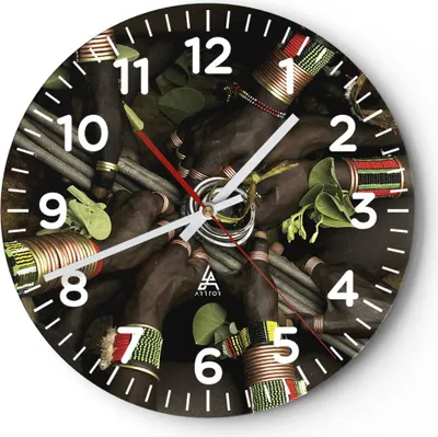 Produktbild von Wanduhr - Rund - Glasuhr - Äthiopien Ritual Stamm - 40x40cm - Schleichendes Uhrwerk - Lautlos - zum Aufhängen bereit - Dekoration Modern - Wanddekoration aus Glas - C4AR40x40-4146