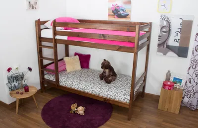 Produktbild von Etagenbett / Kinderbett Kiefer Vollholz massiv Nussfarben A16, inkl. Lattenroste - Abmessung 90 x 200 cm, teilbar