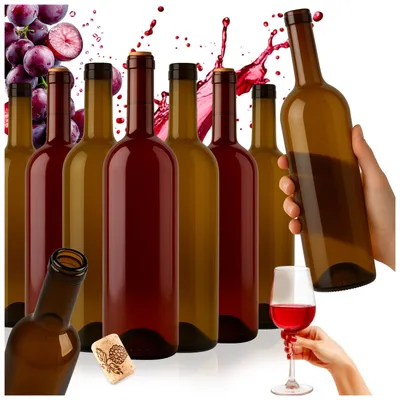 Zdjęcie produktu dla SuperButelki - 30x Butelka szklana Bordeaux 750 ml z korkiem aglomerowanym, brązowe szkło, klasyczna na wino, nalewki, cydr, flaszka 0,75l brązowa