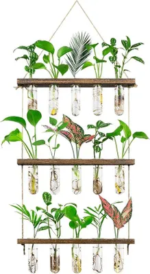 Obrázek produktu pro Třípatrová váza na květiny, nástěnná dekorace, dřevěný stojan, sklo, hydrokultura, kancelář