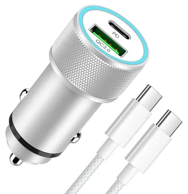 USB-C Autolader 60 W, 2 Ports PD&QC3.0, inkl. 1 m Kabel, kompakt, silber