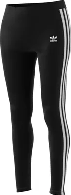 A pair of black Adidas leggings with white stripes on the side and the Adidas logo on the upper thigh.