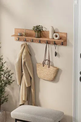Produktbild von Wandgarderobe mit Ablage 14 Haken Holzoptik Kiefer Metall 106 cm