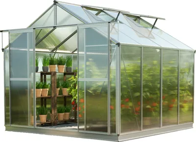 Zdjęcie produktu dla GFP szklarnia Topas 4 rama aluminiowa 225x259 cm - płytami poliwęglanowymi ok. 8 mm - z ramą fundamentową i aut. mechanizm otwierania okien