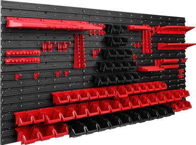 Obrázek produktu pro Skladovací systém Dílenské regály | 172 x 78 cm | 62 ks. Box | Nástěnný regál s držáky na nářadí a stohovatelnými boxy - Nástěnné desky Extra silné regály s výsypkami Nástěnná deska s otvory pro nářadí Skladovací regály Garážové regály