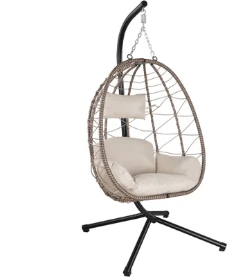Produktbild von Juskys Hängesessel Aria mit Kissen - höhenverstellbar & faltbar - Polyrattan Hängeschaukel Outdoor & Indoor - Korbhängesessel bis 130kg Beige