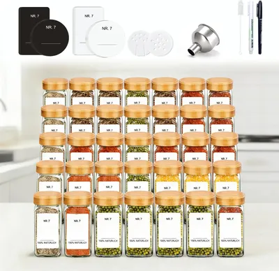 Produktbild von Gewürzgläser Set - 35 Glasdosen - Borosilikatglas - Luftdicht Verschließbar - 120 ml - Bambusdeckel