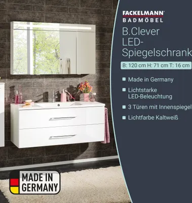 Produktbild von Fackelmann Spiegelschrank B.CLEVER, 120x71x16 cm, Weiß, Holzdekor, A++, austauschbare LED
