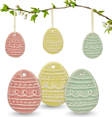 Produktbild von Porzellan Ostereier 6er Set Wellen-Relief - Große Osterdekoration Pastell hängend 4x6cm