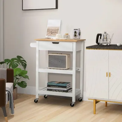 Immagine prodotto di Isola da cucina in bambù con cassetto estraibile e carrello per microonde arrotolabile con maniglia di spinta laterale, bianco