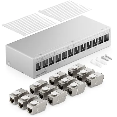 Produktbild von deleyCON 12 Port Patchpanel Set Patchfeld CAT6a STP 1 HE - Grau