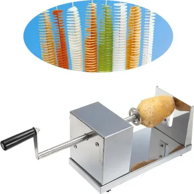A stainless steel spiral potato slicer with a potato attached to it, and a display of colorful spiral-cut vegetables in the background.