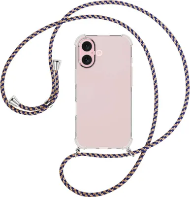 Produktbild von Handykette Backcover-Schutzhülle mit Band (Metall silberfarben) für iPhone 16 - blau+beige
