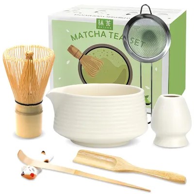 Productafbeelding van Matcha set 6-delig - Bamboe matcha garde - Matcha kom met schenktuit - Matcha garde houder - Lepel en houder - Japanse matcha accessoires - Theeset