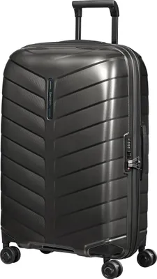 A studio shot of a dark gray Samsonite spinner suitcase.