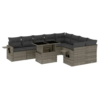 Produktbild von vidaXL 10-tlg. Garten-Sofagarnitur mit Kissen Grau Poly Rattan
