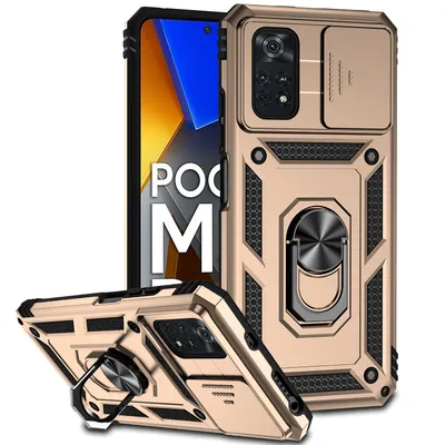 Immagine prodotto di Custodia per Xiaomi Poco M4 Pro 4G a doppio strato con copertura scorrevole della fotocamera e supporto ad anello Oro