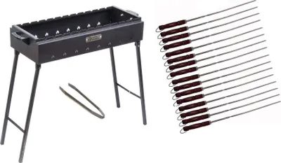 Produktbild von Mangal Holzkohlegrill 2mm Stahl 90 cm lang mit Klappbeinen + 16x Grillspieße mit Holzgriff 65cm lang 2mm stark