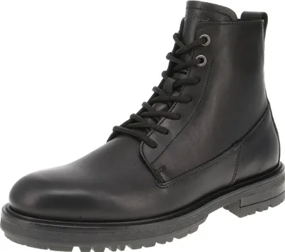 A black leather lace-up boot is shown against a white background.