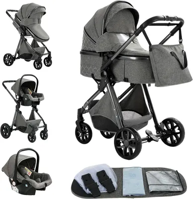 Obrázok produktu pre Kočík 3 v 1 – Kombinovaný kočík – Pre prepravu detí – Otočná sedačka – 60 x 40 x 105 cm – Tmavosivý