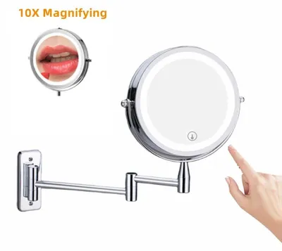 Image de Miroir de maquillage et cosmétique - Miroir rond à grossissement 10x, à fixer au mur - Double face - Avec éclairage - 15 cm