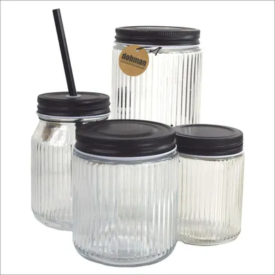 Produktbild von Trinkglas und 3x Vorratsgläser als Gläserset in Schwarz / Transparent