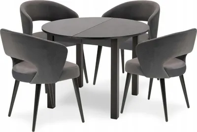 Produktbild von Esstisch mit 4 Stühlen - Runder Ausziehbarer Tisch - 102-142 cm Durchmesser - Aus Holz - 5-teiliges Set - Essgruppe - Sitzgruppe - Schwarze Stühle