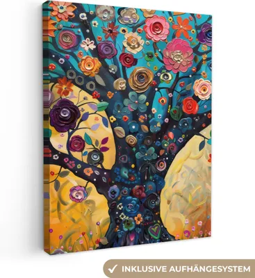 Produktbild von MuchoWow® - Leinwandbilder - Baum - Lebensbaum - Farbenfroh - Blumen - Modern, Wandbild, Wanddeko Bilder Wohnzimmer, 90x120 cm