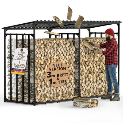 Produktbild von Kaminholzregal Metall aussen verzinkt 300x105x185 5m³ 5t XXL Brennholzunterstand 3m breit mit Dach Feuerholz Regal 1m tief Garten anthrazit