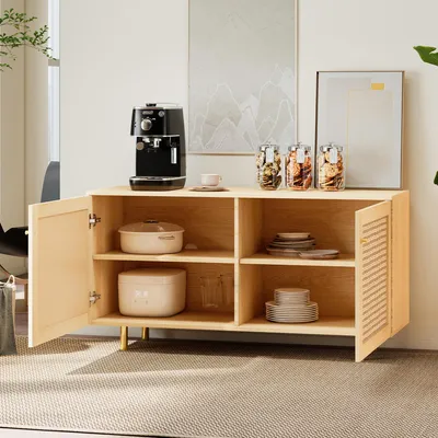 Produktbild von okwish Doppeltüriger Aufbewahrungsschrank Flurschrank Holzoptik Minimalistisches Design Rattangeflecht Tür Goldfarbene Griffe Für Schlafzimmer und Flur Natur
