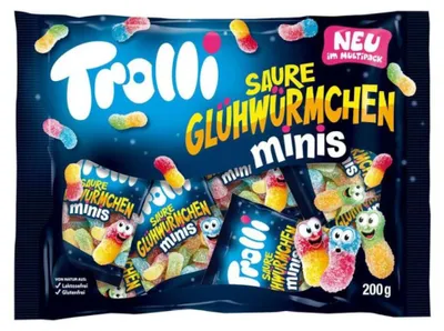 Obrázek produktu pro Trolli Sour Glowworms Minis, Měkké sladkosti, 200 g, Třešeň (ovoce), Dary, Hroznové víno, Citrón, Limetka, Pomeranč, Strawberry, Vícebarevný, 1417 kJ, 333 kcal