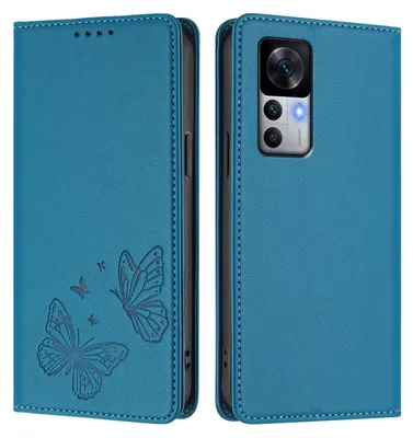 Produktbild von Lederhülle für Xiaomi 12T /Xiaomi 12T Pro, Schmetterling Prägung Leder Brieftasche Schutzhülle mit Ständer Blau