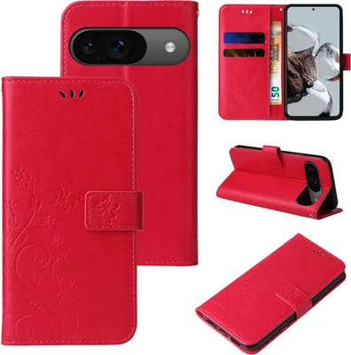 Produktbild von Handyhülle für Google Pixel 9 / 9 Pro Floral Blumen Schmetterling Flip Cover Hülle Case Klapphülle Handytasche Farbe: Rot