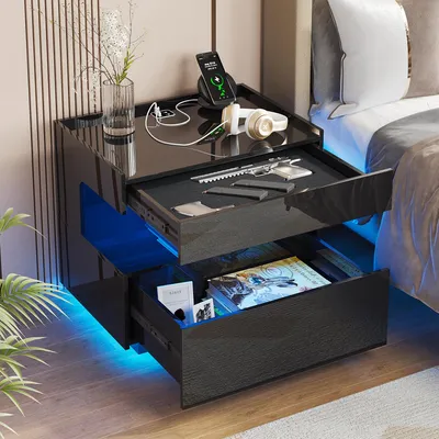 Produktbild von LVSOMT Moderner Nachttisch in Schwarz mit integrierter Ladestation, dreifarbiger dimmbarer LED-Beleuchtung und zwei Schubladen mit großem Stauraum