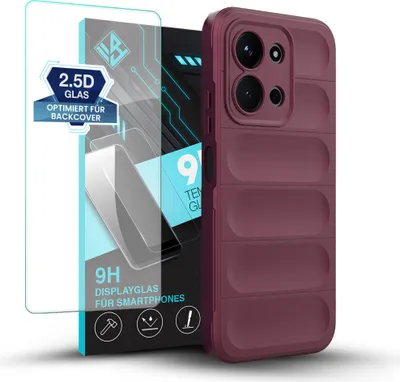 Produktbild von Handy Hülle für Xiaomi Redmi 15C mit 9H Displayglas Displayschutz Plus Grip Case Cover Schutzhülle Softgrip Farbe: Burgunder Rot