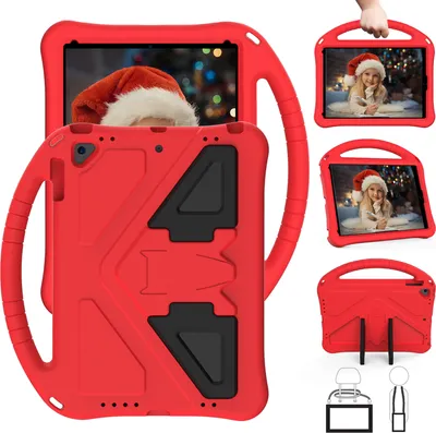 Image de Étui pour enfants pour le nouvel iPad 2017/2018, étui antichoc léger en EVA avec support pliable et poignée rouge