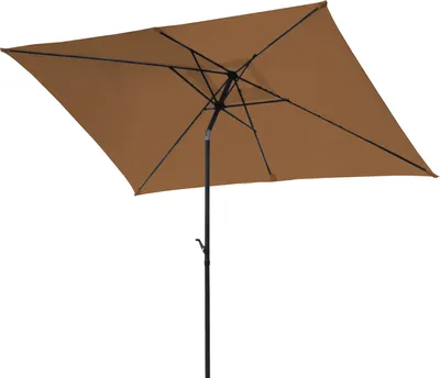 A rectangular brown patio umbrella with a black pole against a white background.