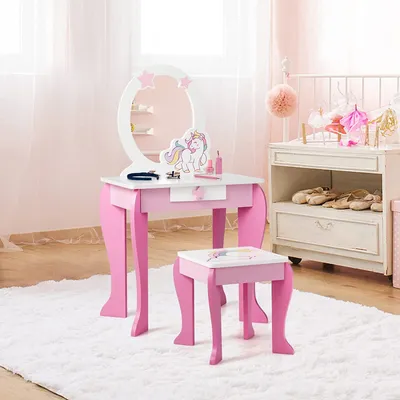 Produktbild von Kinder Schminktisch mit Hocker & Abnehmbarer Spiegel, Frisiertisch für Kinder, Frisierkommode mit Schublade für Mädchen (Rosa)