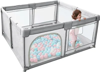 Zdjęcie produktu dla Kojec dla dziecka Bramka zabezpieczająca 150 x 150 cm Centrum aktywności Antypoślizgowa podstawa, oddychająca siatka Bezpieczny plac zabaw, szary